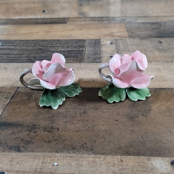 Vintage Set 2 Capodimonte Italy Porcelain Pink Rose Flower Candle Holders - Picture 1 of 10